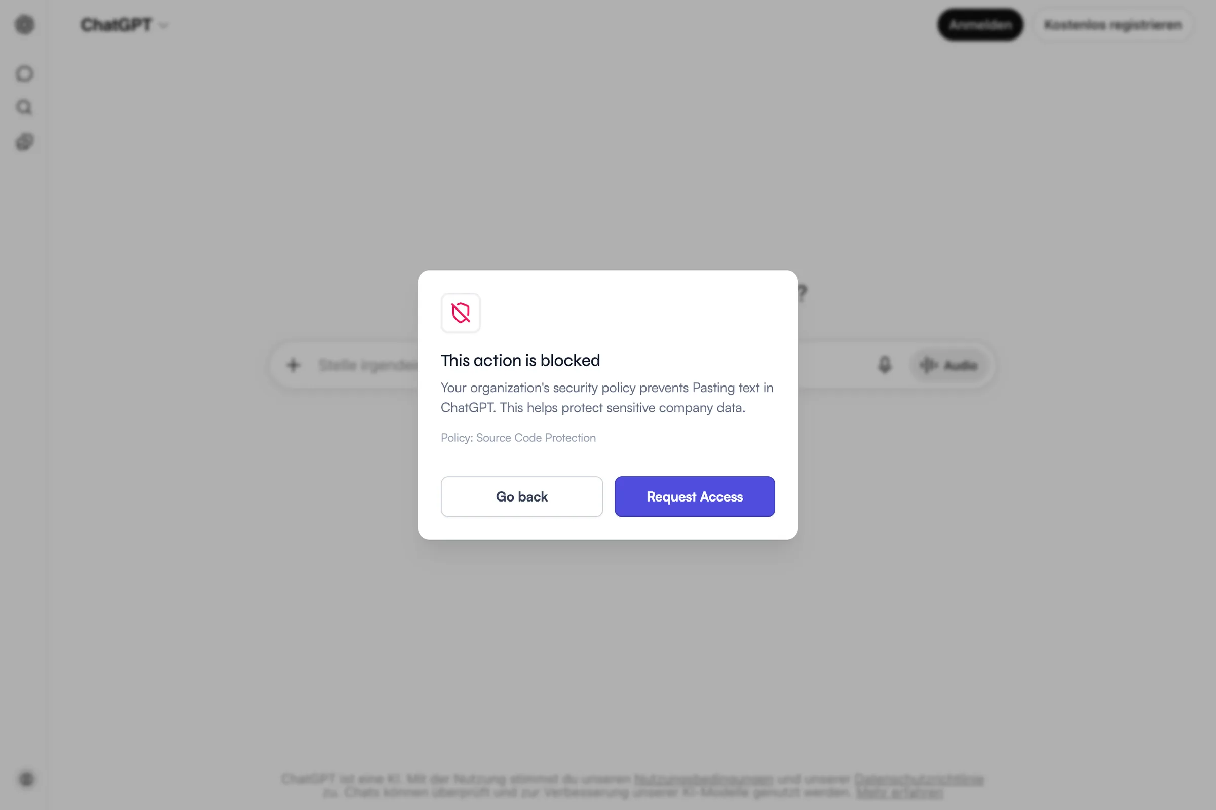 Shield Web blocking source code from being pasted into ChatGPT